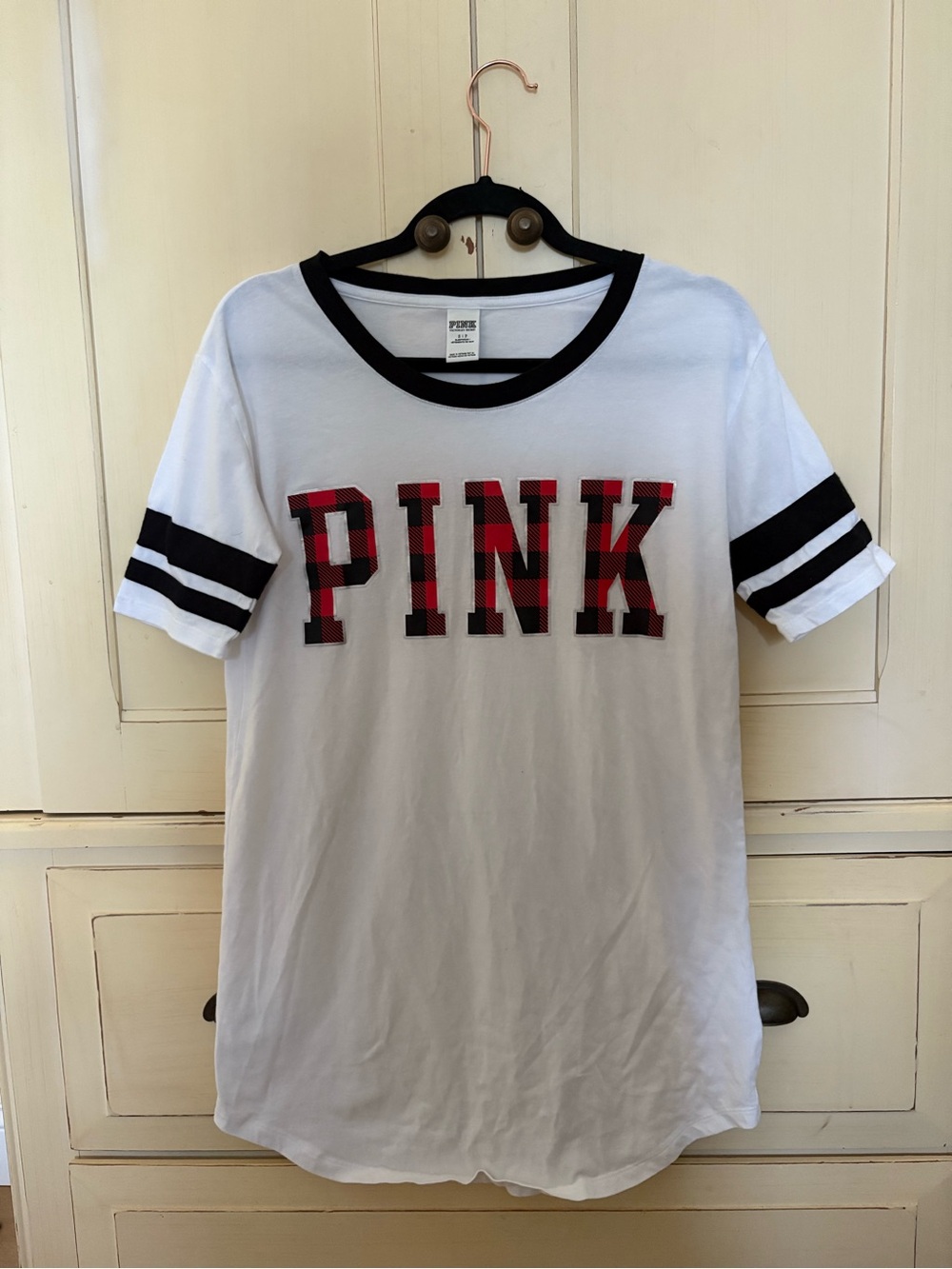 Y2K PINK Victoria's Secret White Tee with Red Plaid Logo and Black Trim